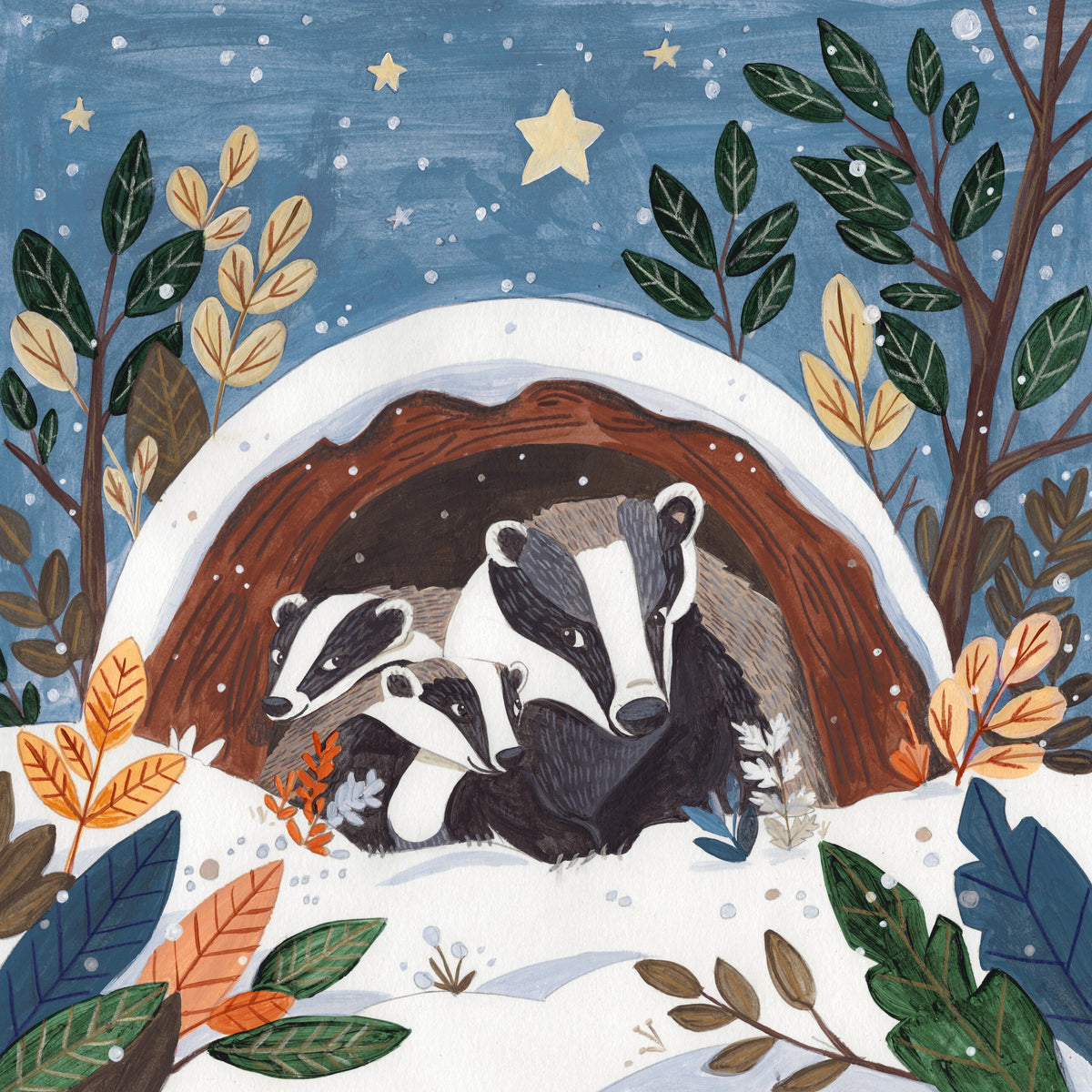 aluminium-print-badgers-in-winter-hollow-in-the-snow-christmas