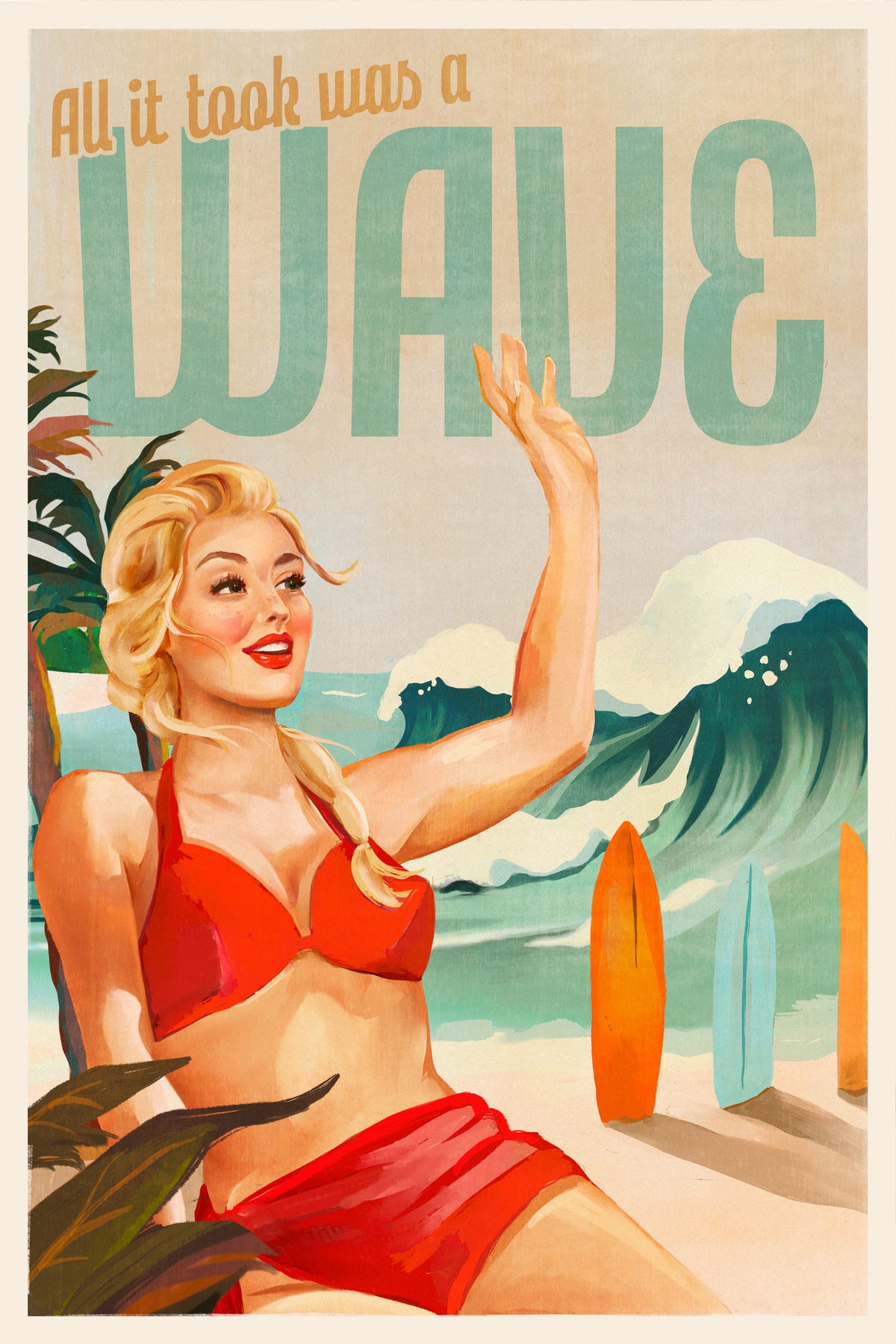 framedposter-print-surfing-pinup-girl-on-beach-in-bikini