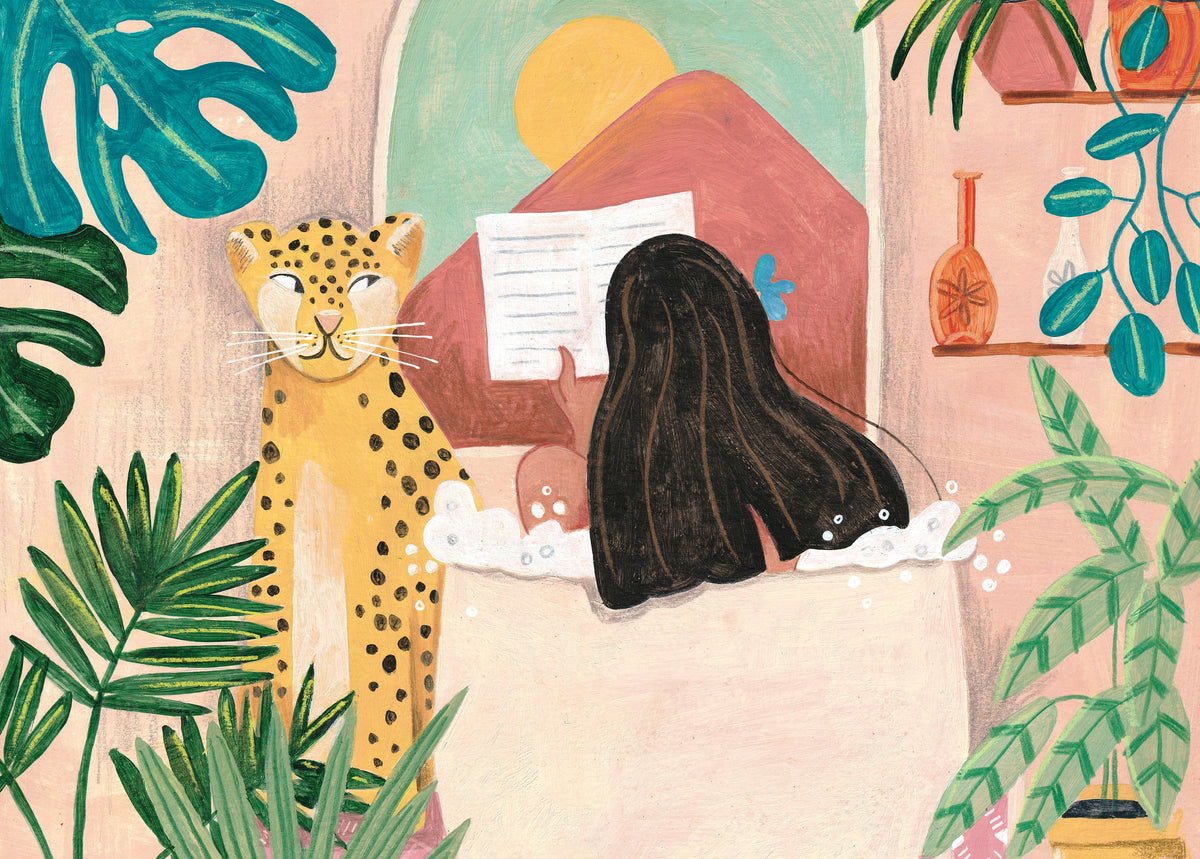 canvas-print-woman-taking-bath-in-pink-tropical-bathroom-2