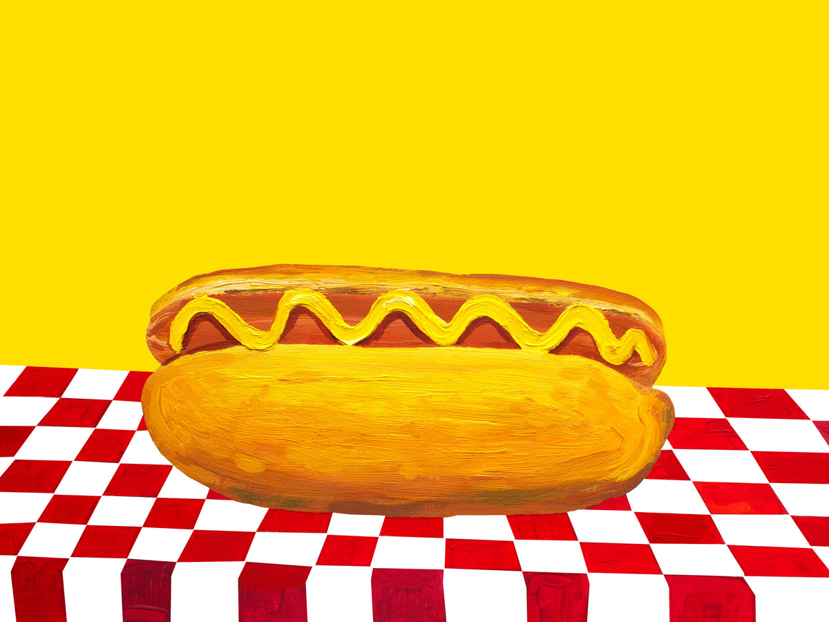 acrylic-print-hot-dog-with-mustard-red-check-yellow