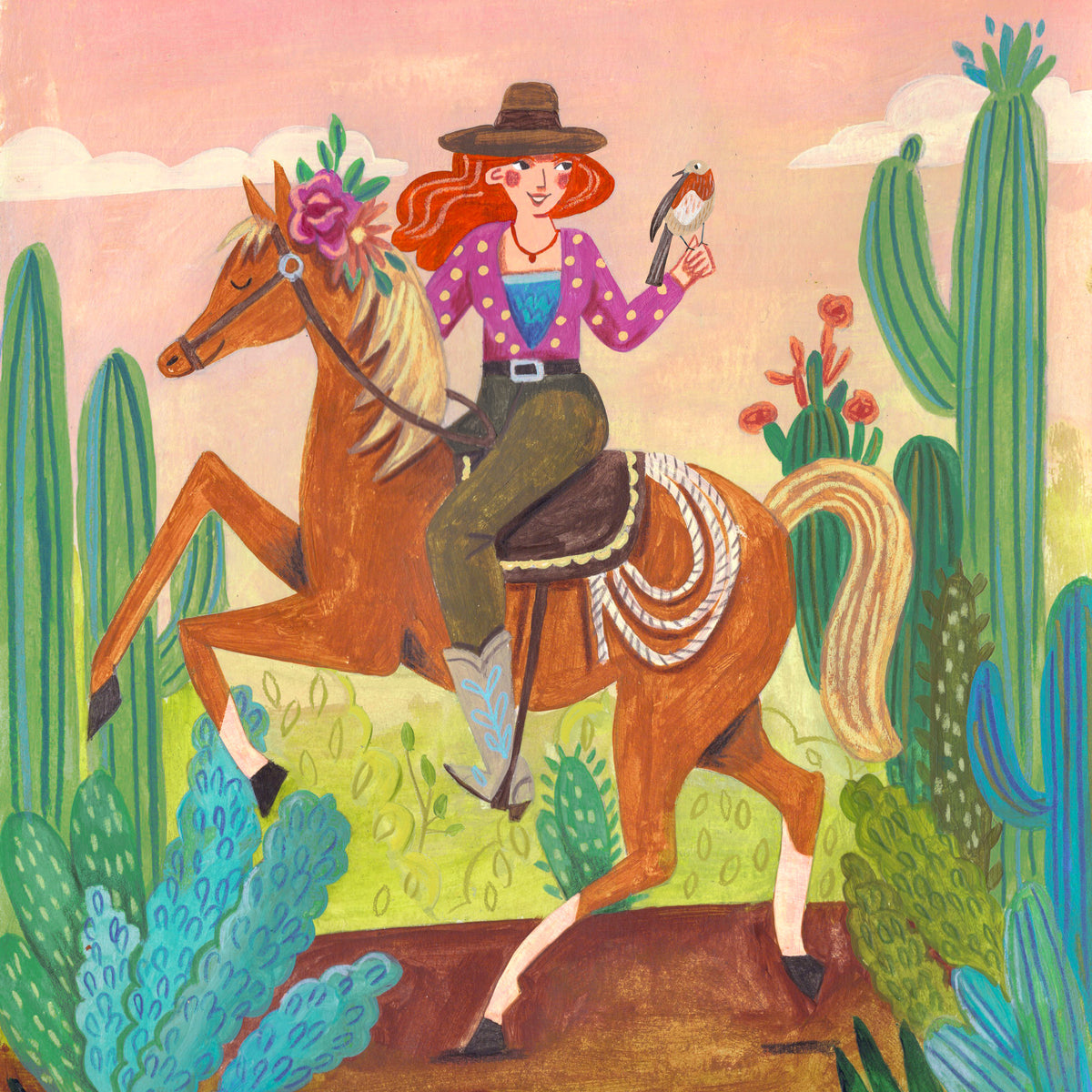 aluminium-print-cowgirl-on-horse-in-the-desert