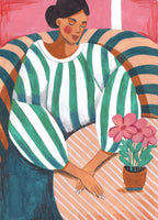 aluminium-print-woman-in-stripes-in-thought