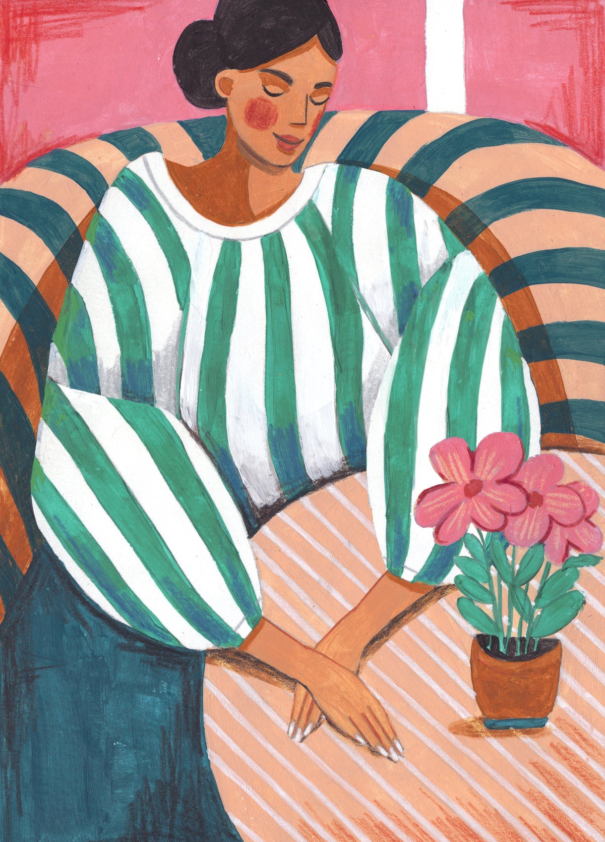 aluminium-print-woman-in-stripes-in-thought