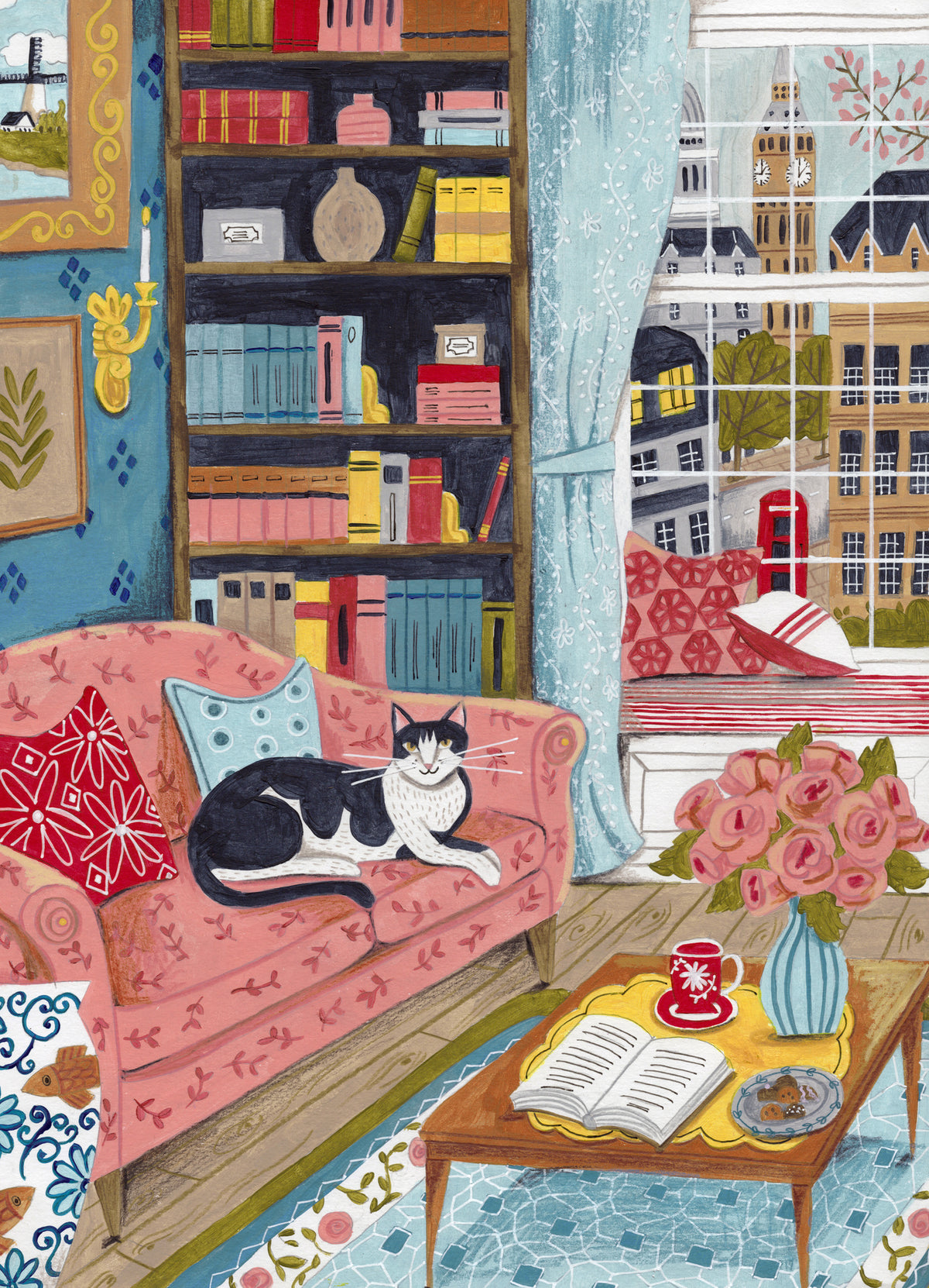 poster-print-cat-on-sofa-in-london-pastel-colours