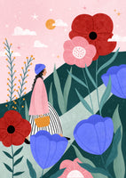 acrylic-print-woman-walking-in-flower-garden