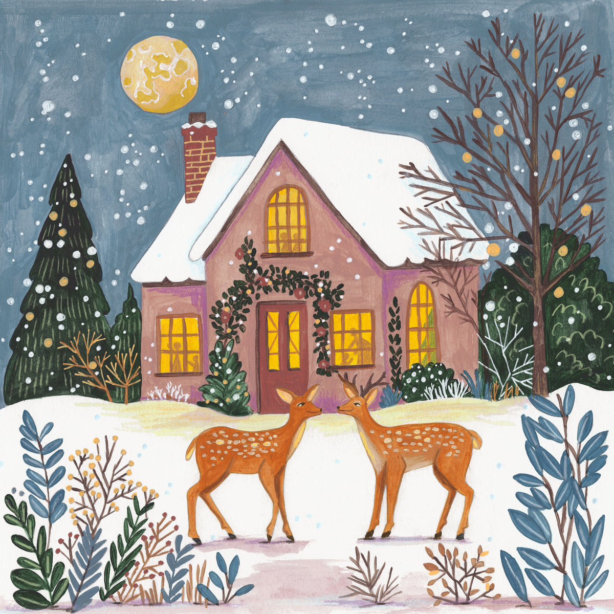aluminium-print-cottage-with-deer-in-the-snowy-garden-christmas