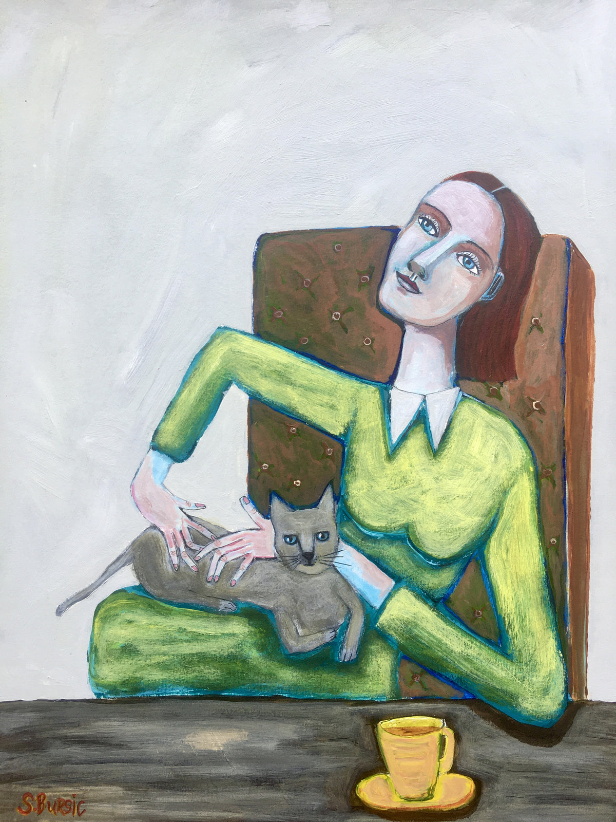 acrylic-print-lady-tickling-grey-cat-in-chair