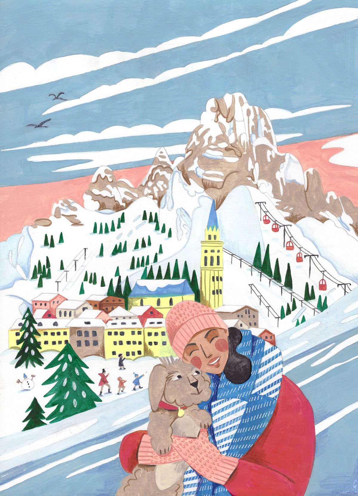 acrylic-print-winter-scene-woman-and-dog-christmas