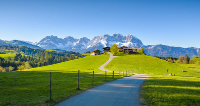 poster-print-farmhouses-in-front-of-snow-covered-mountains