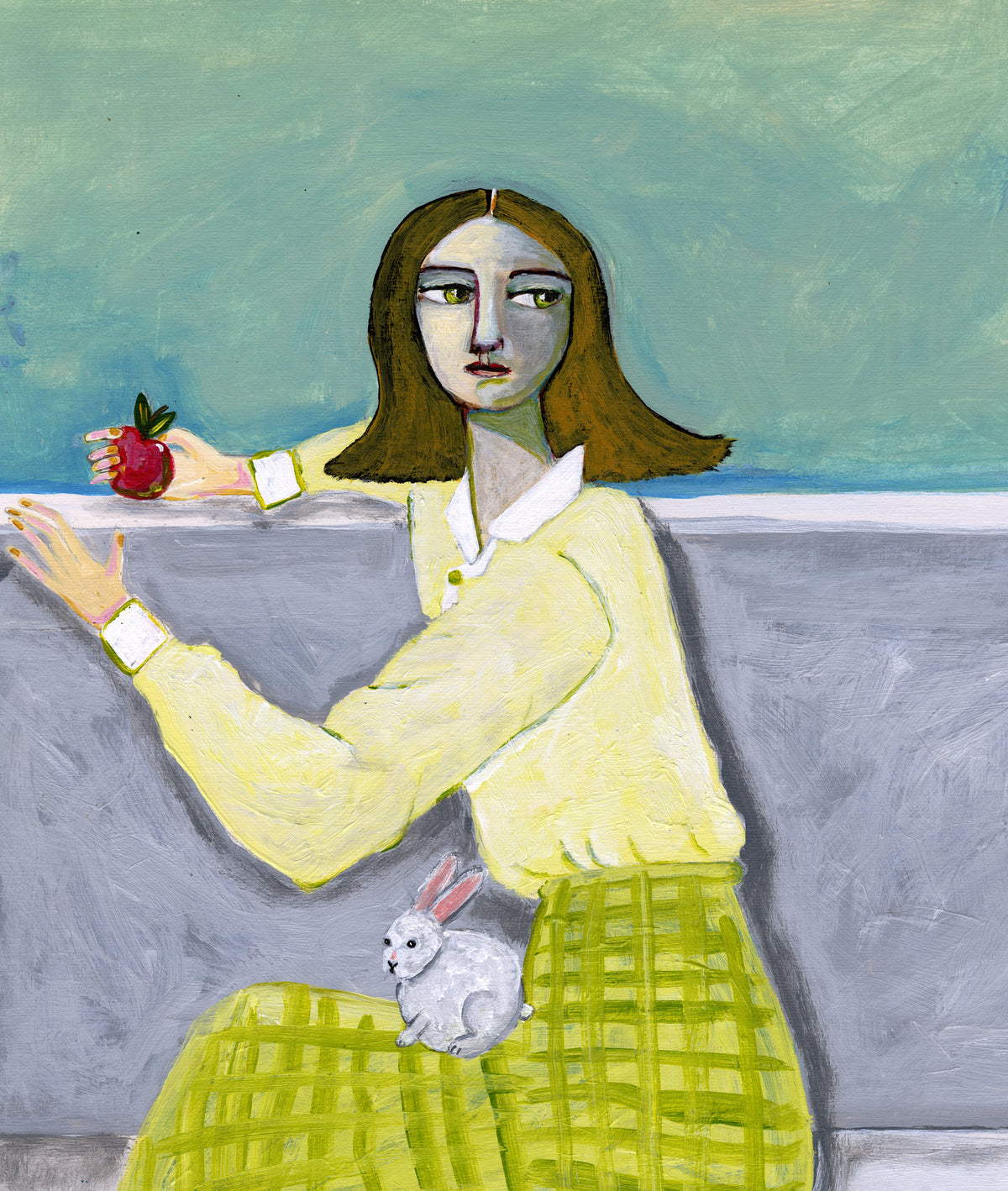 aluminium-print-lady-sitting-with-rabbit