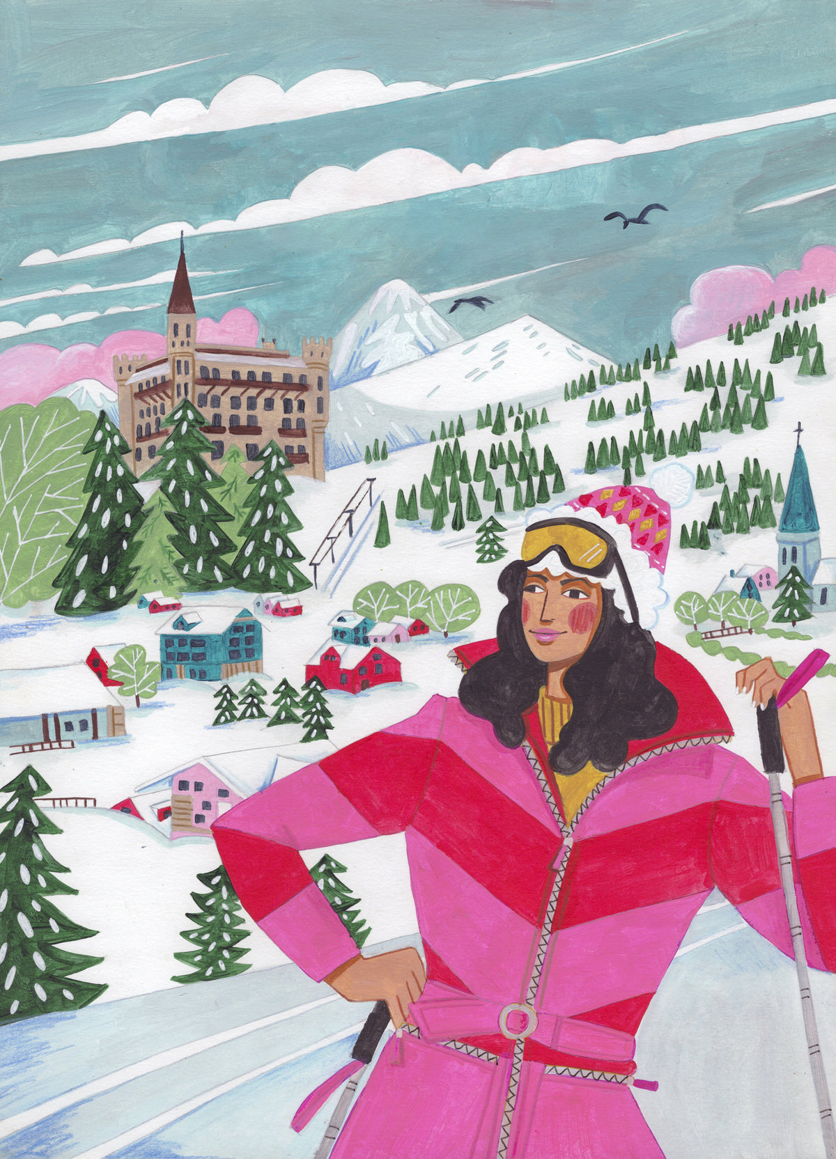 aluminium-print-winter-scene-woman-skiing-christmas