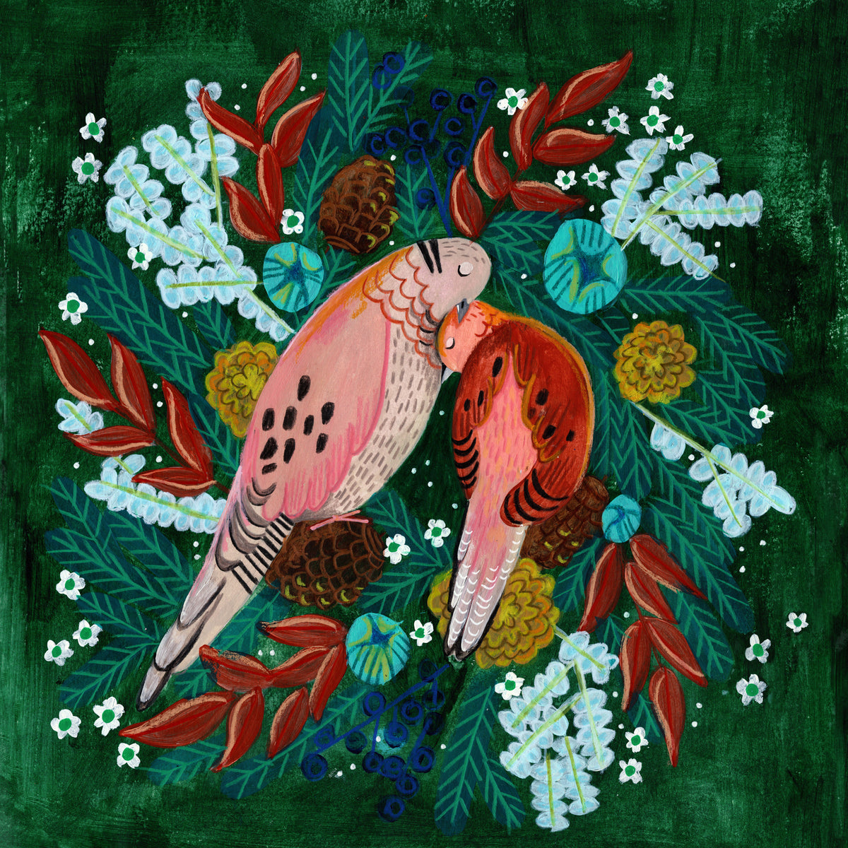 acrylic-print-winter-birds-turtle-dove-in-green-christmas