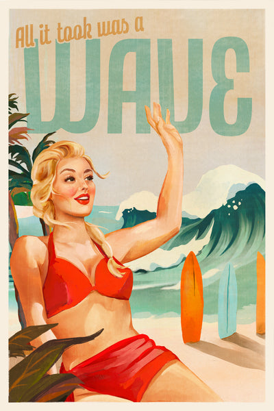 poster-print-surfing-pinup-girl-on-beach-in-bikini