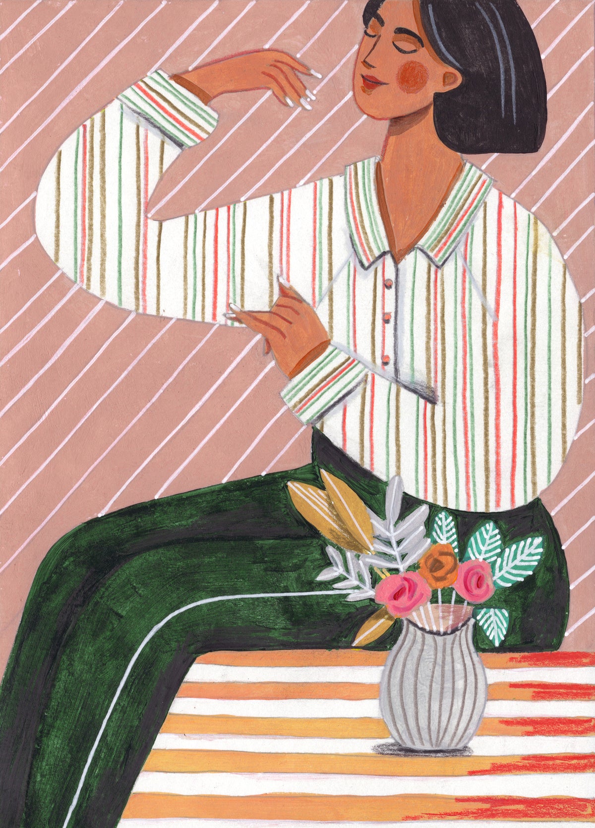 aluminium-print-woman-in-stripes-shirt-and-green-pants