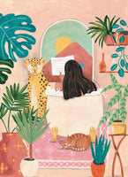 poster-print-woman-taking-bath-in-pink-tropical-bathroom