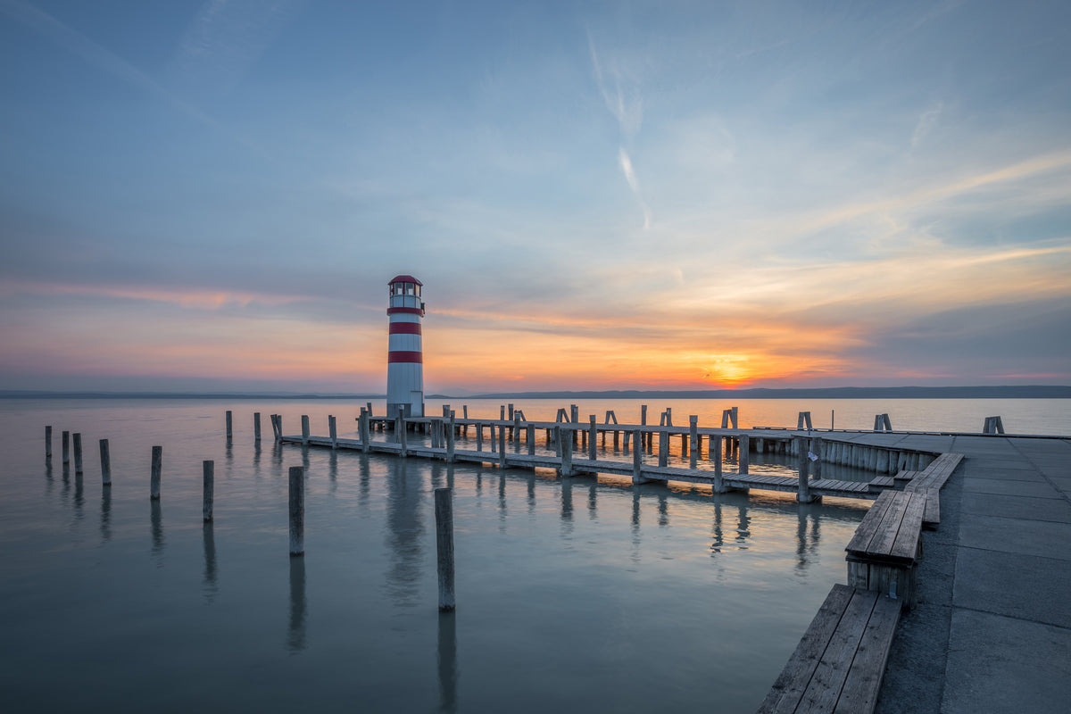 aluminium-print-lighthouse-in-the-sunset