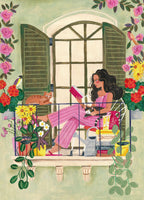 aluminium-print-woman-reads-on-balcony