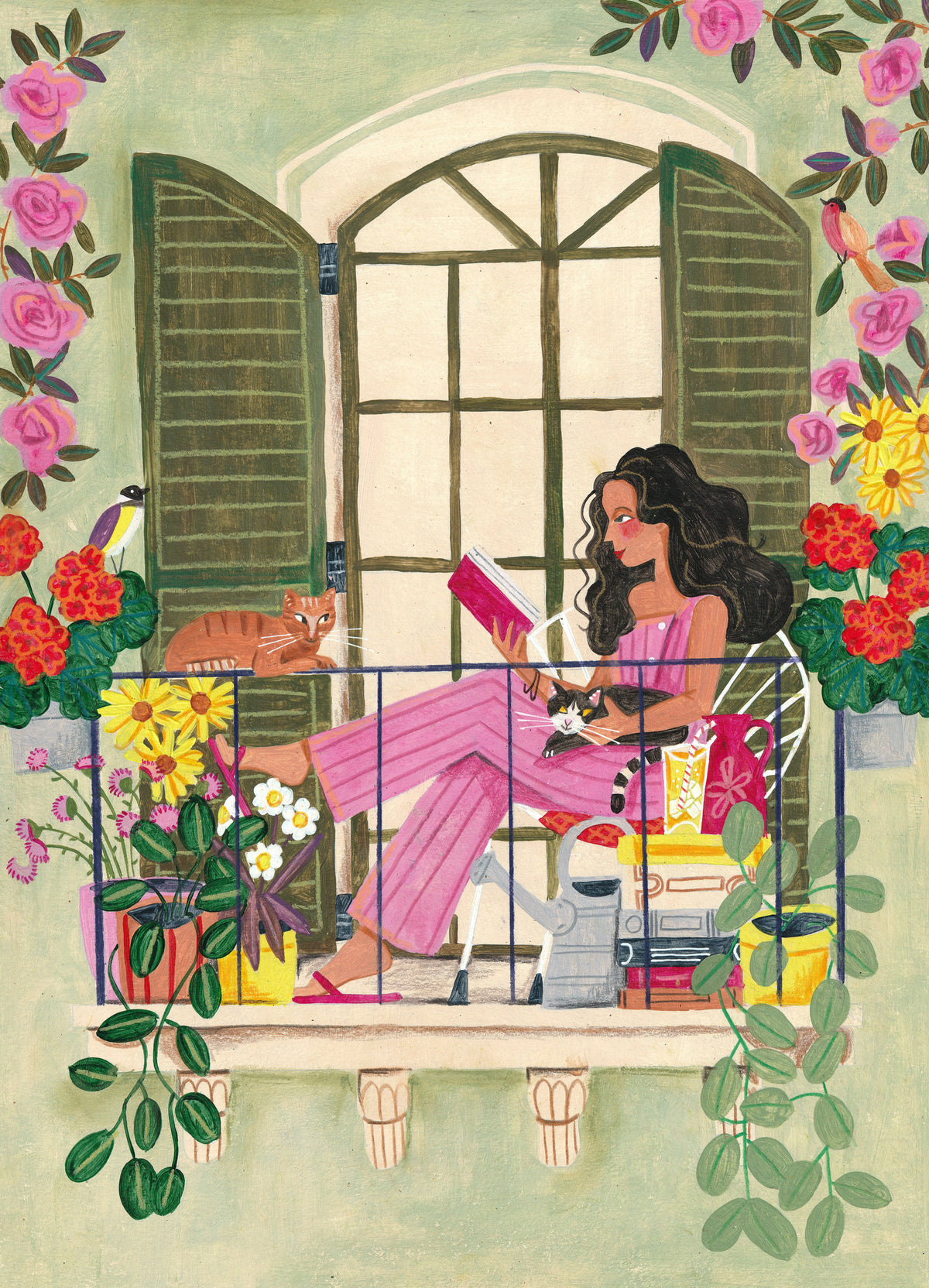 aluminium-print-woman-reads-on-balcony