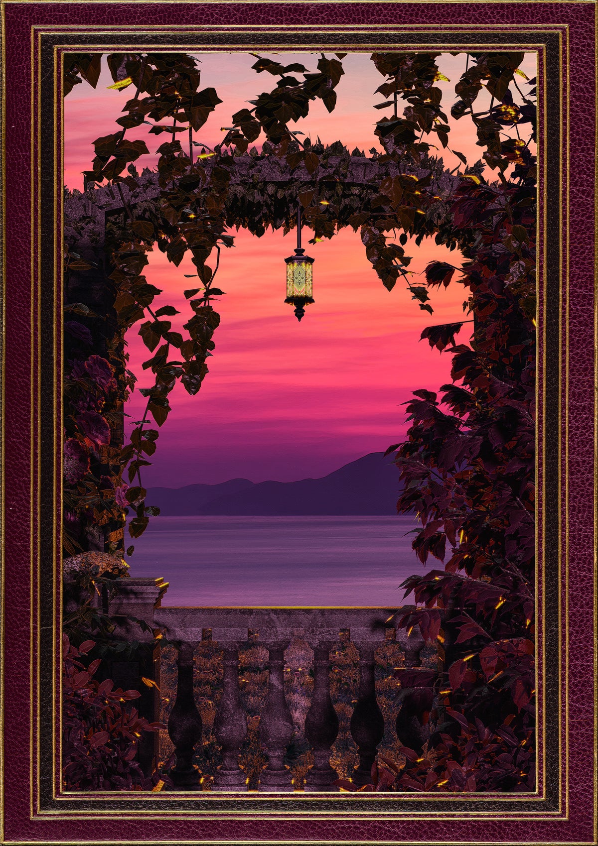 acrylic-print-sunset-view-with-ornate-amp-gold-burgundy-frame