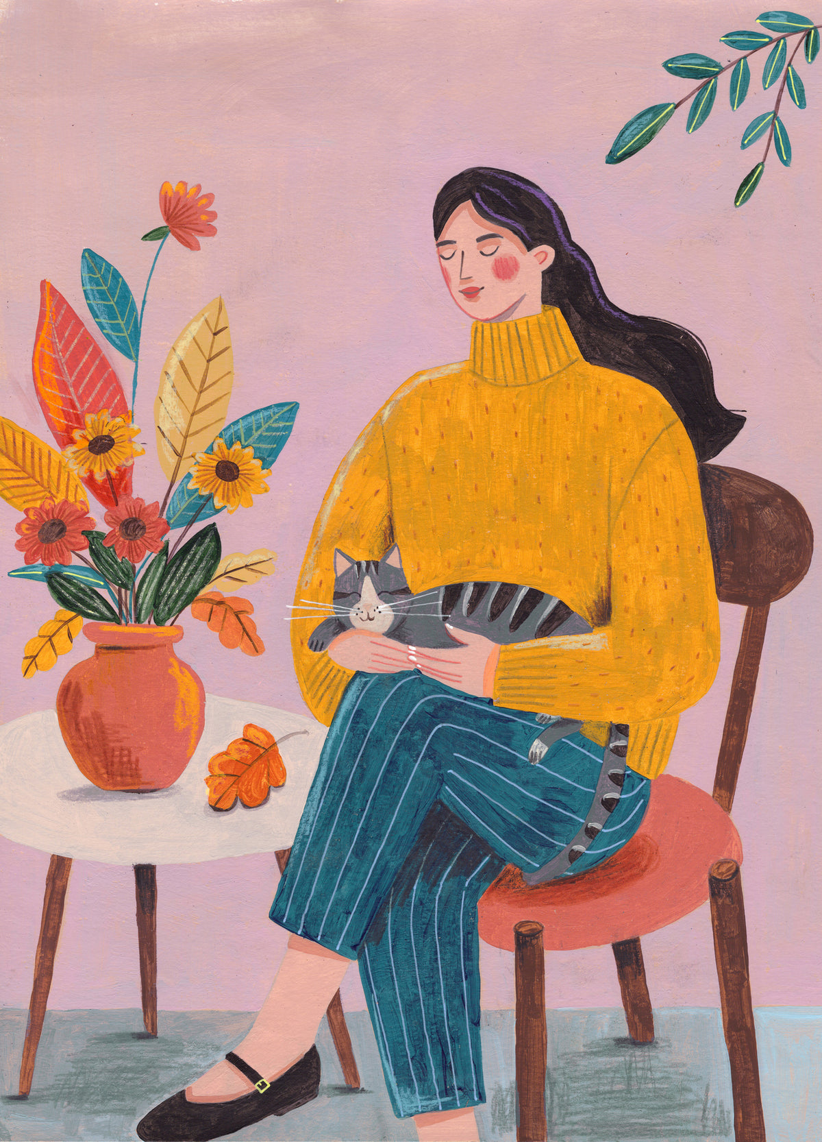 framedcanvas-print-woman-with-cat-and-autumn-bouquet