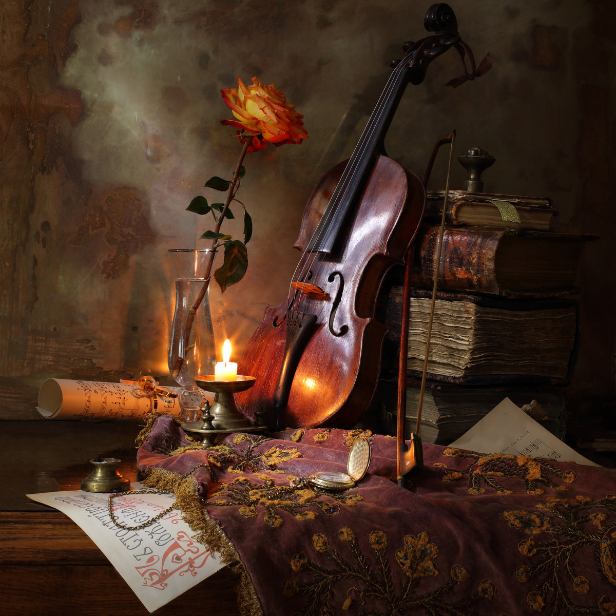 9-piece-aluminium-print-still-life-with-violin-and-rose