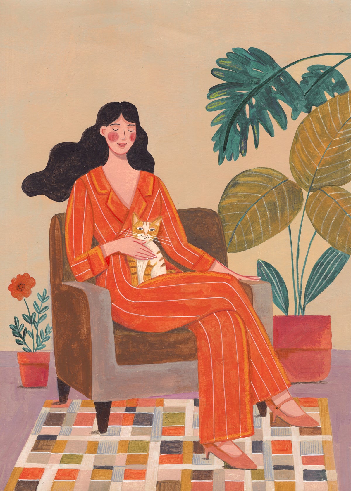 canvas-print-woman-with-cat-in-living-room-with-warm-earth-tones