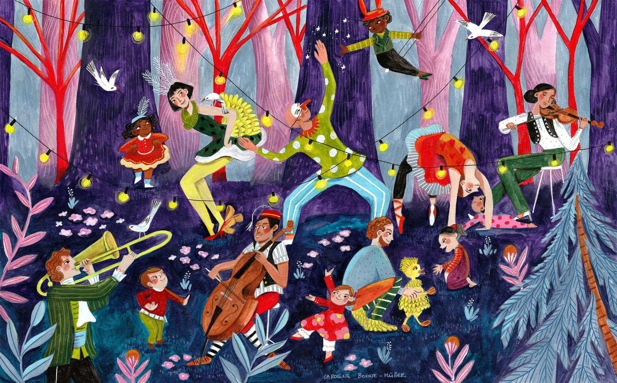 acrylic-print-circus-performers-and-children-in-the-forest