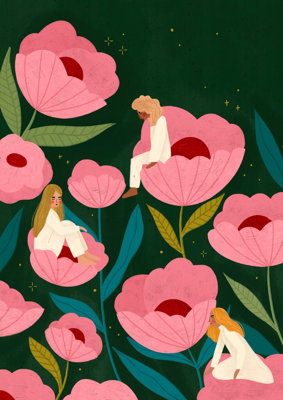 canvas-print-three-women-sitting-on-large-pink-flowers