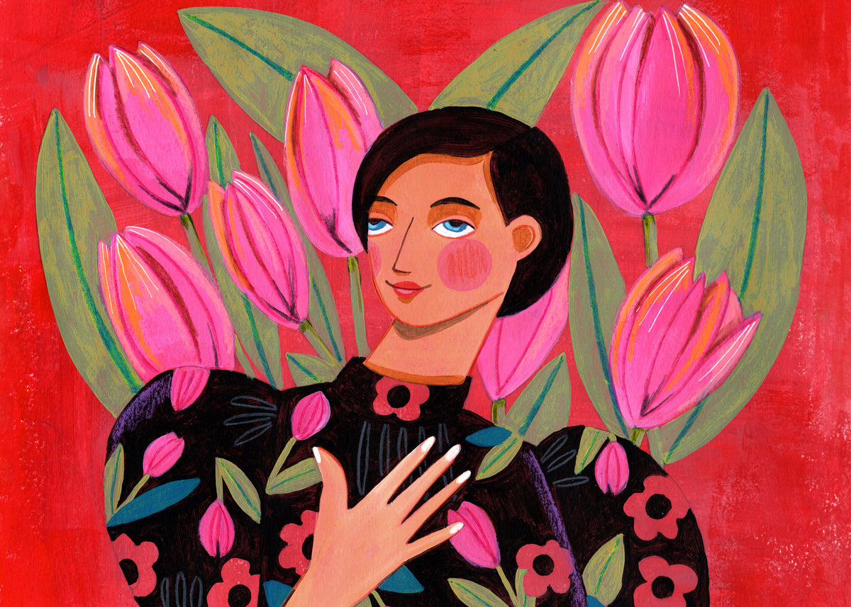 aluminium-print-abstract-modern-portrait-woman-with-tulips