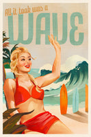 aluminium-print-surfing-pinup-girl-on-beach-in-bikini
