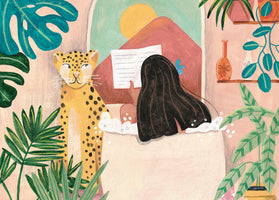 acrylic-print-woman-taking-bath-in-pink-tropical-bathroom-2