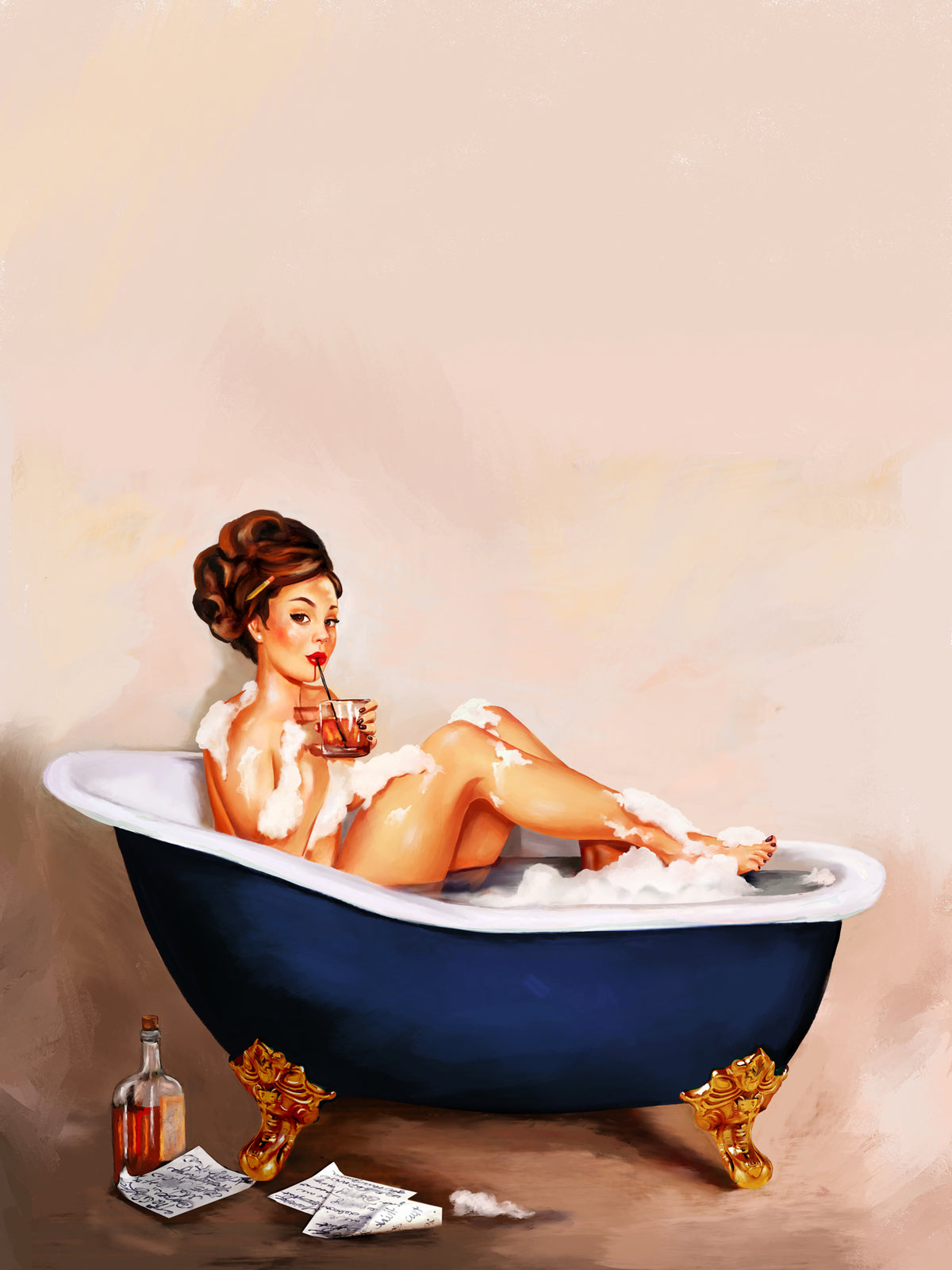 framedcanvas-print-bathtub-drinks-pinup-girl-drinking-in-bathroom
