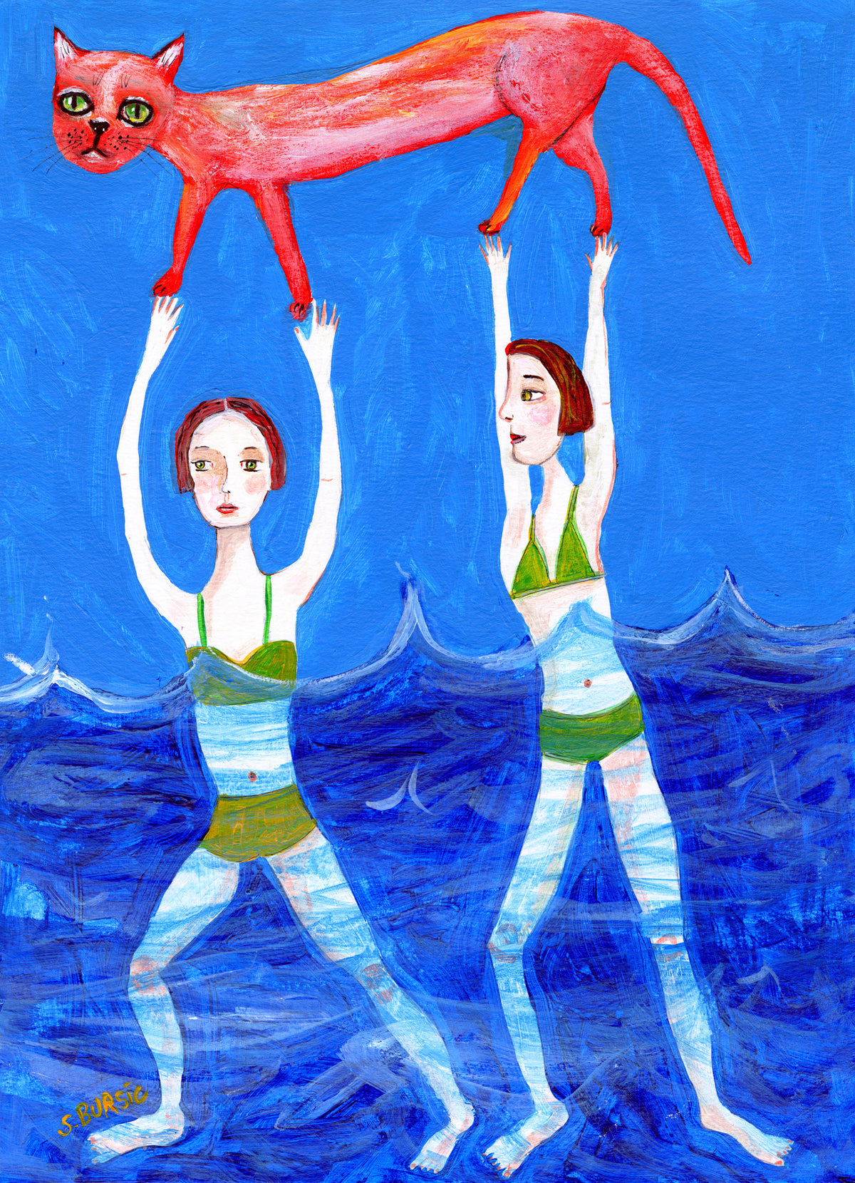 acrylic-print-two-swimmers-with-pink-cat